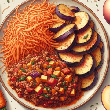 image-121 Carotte Râpée et Aubergine à la Bolognaise avec Pêche Blanche