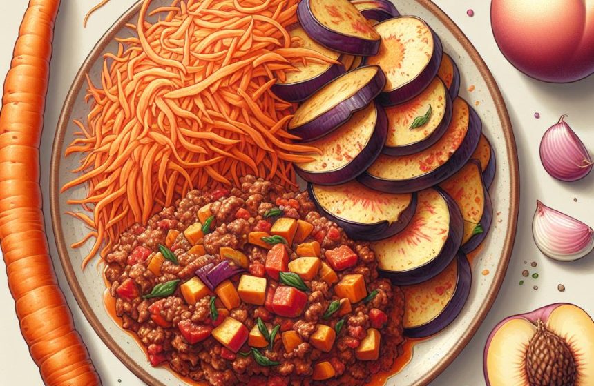 Carotte Râpée et Aubergine à la Bolognaise avec Pêche Blanche