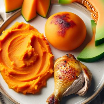 image-127 Cuisse de Poulet Rôtie avec Purée de Patates Douces et Tranche de Melon