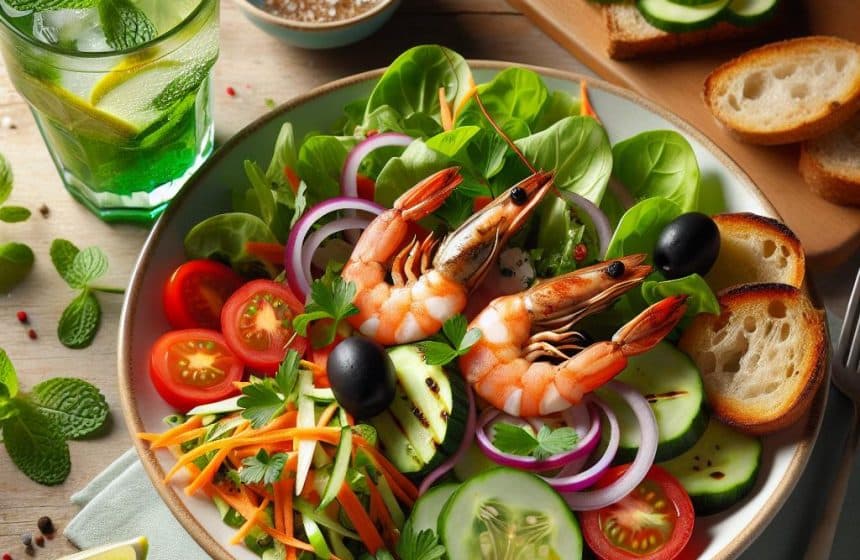 Salade Fraîcheur aux Crevettes Grillées et Virgin Mojito