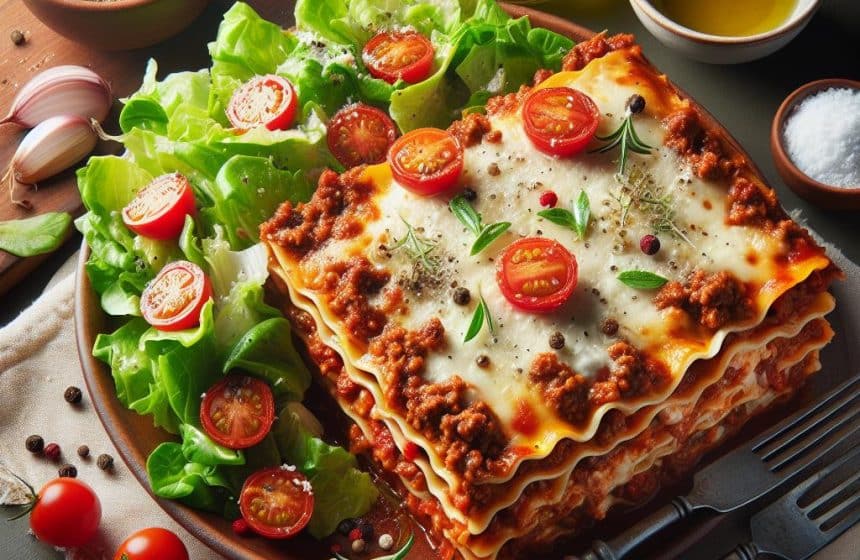 Lasagne Maison avec Salade Verte et Tomates Cerises