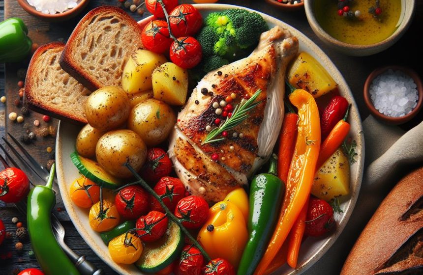 Poulet Rôti aux Légumes Colorés et Pain Complet