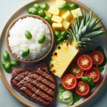 Steak Haché de Bœuf avec Riz et Salade de Tomates au Basilic, accompagné d&rsquo;Ananas