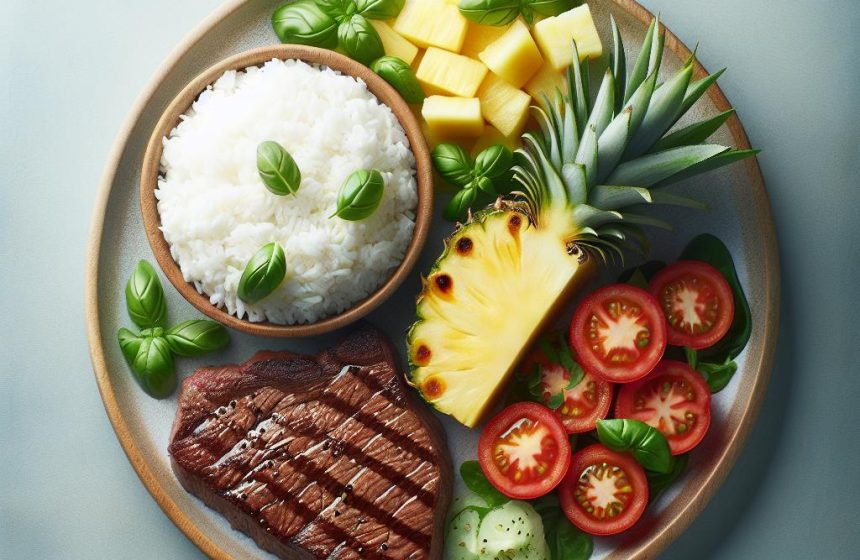 Steak Haché de Bœuf avec Riz et Salade de Tomates au Basilic, accompagné d’Ananas