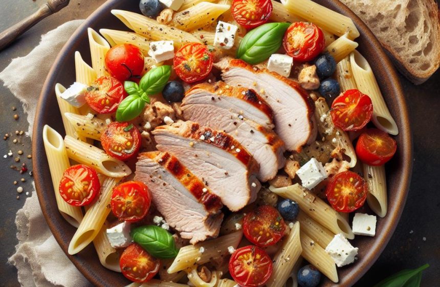 Rôti de Porc aux Pennes, Tomates Cerises et Fêta