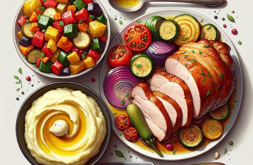 Porc Rôti avec Purée de Pommes de Terre et Ratatouille