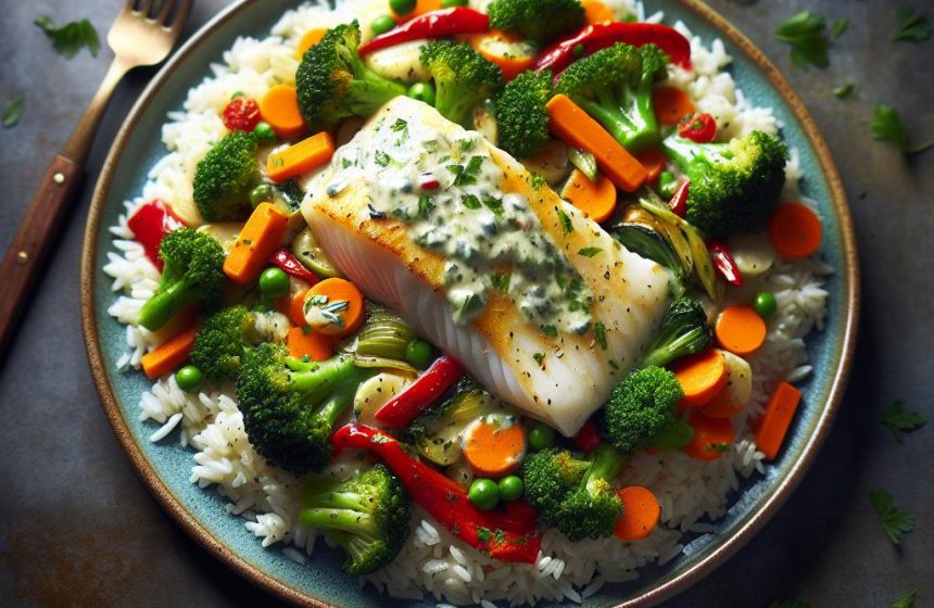 Riz aux Légumes Sautés et Poisson à la Sauce Crémeuse