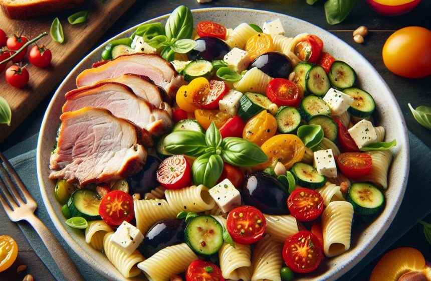Salade Rigatoni aux Légumes d&rsquo;Été et Boursin avec Rôti de Porc et Prunes