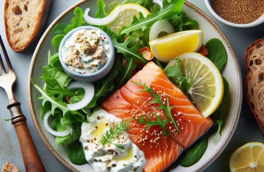 Gravlax de Saumon avec Crème Maison, Salade Verte et Pain