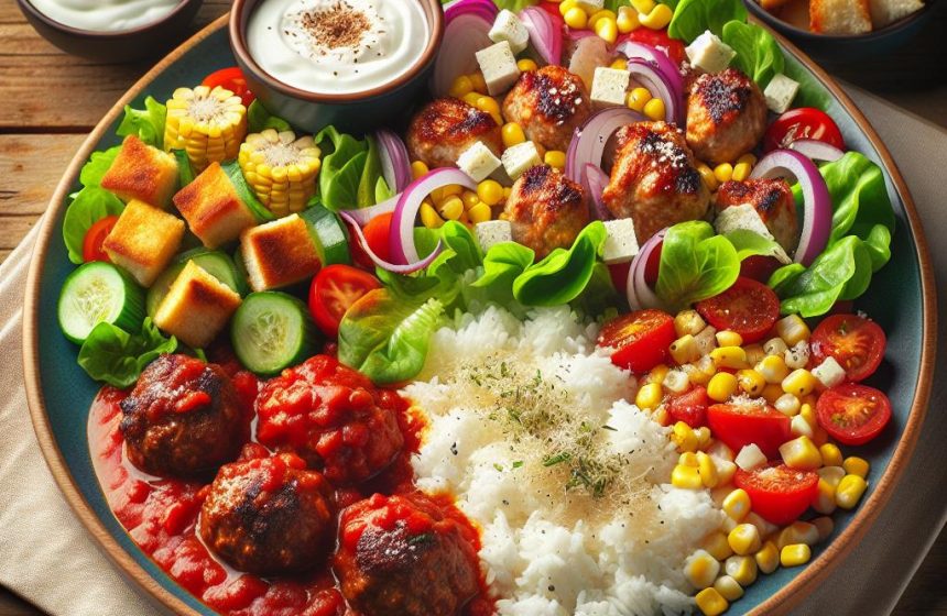Boulettes de Veau à la Sauce Tomate avec Riz et Salade Croquante