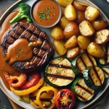 Steak Savoureux avec Sauce, Pommes de Terre Rôties et Légumes Grillés