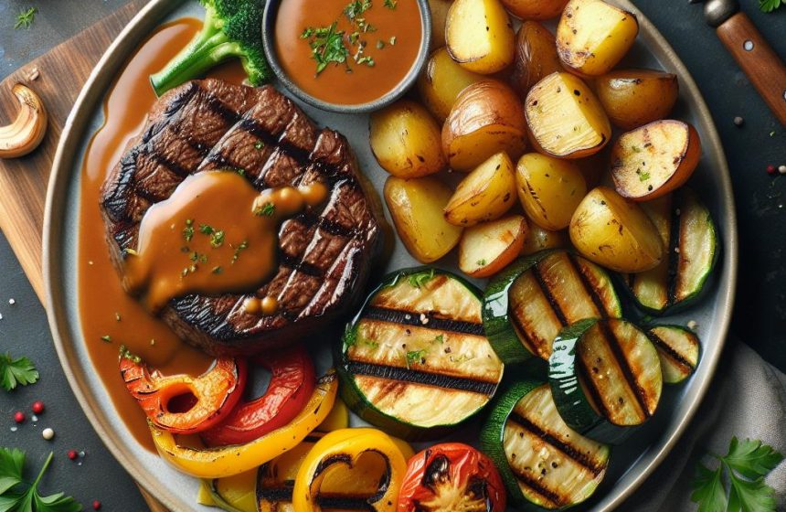 Steak Savoureux avec Sauce, Pommes de Terre Rôties et Légumes Grillés