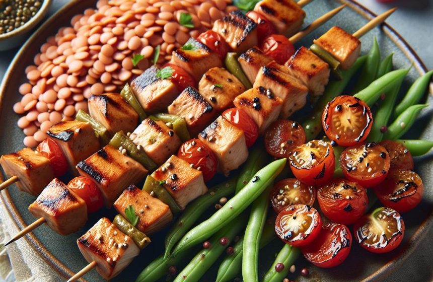 Brochettes de Dinde aux Lentilles de Corail et Haricots Tomates Vinaigrette