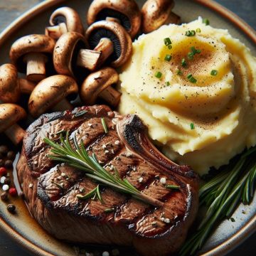 Steak Savoureux avec Purée de Pommes de Terre et Champignons Sautés