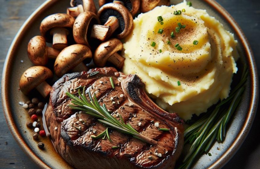 Steak Savoureux avec Purée de Pommes de Terre et Champignons Sautés