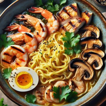 Ramen Gourmand au Poulet et Crevettes Grillées