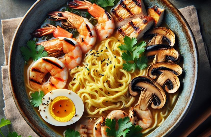 Ramen Gourmand au Poulet et Crevettes Grillées