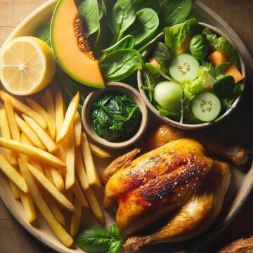 Poulet Rôti et Frites avec Salade Verte et Melon