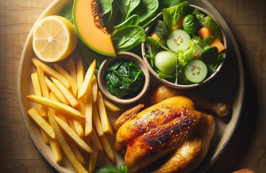 Poulet Rôti et Frites avec Salade Verte et Melon