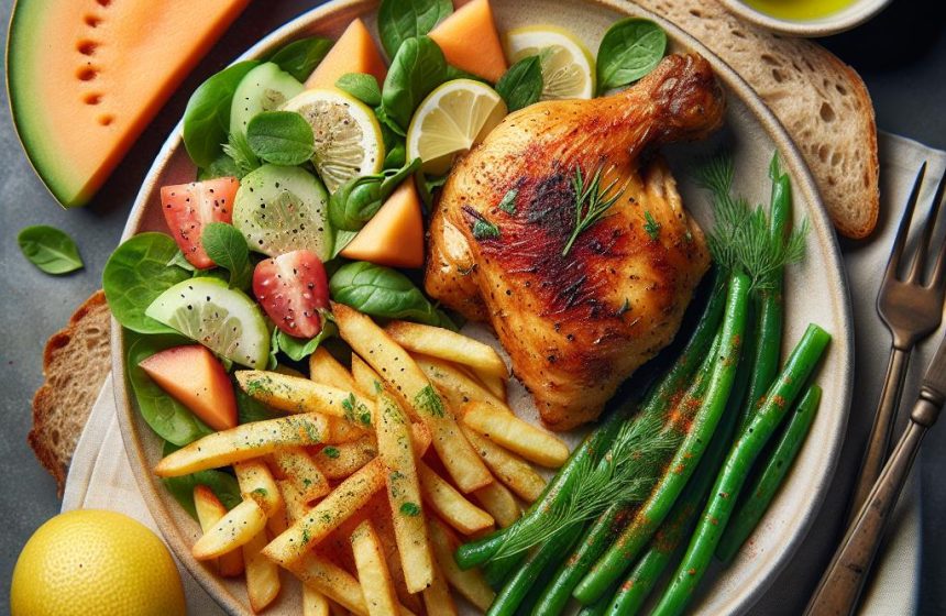 Cuisse de Poulet Rôti et Frites Gourmandes avec Salade Verte