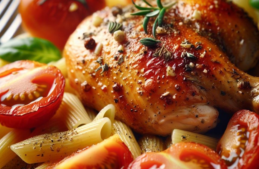Cuisse de Poulet Rôtie aux Pâtes et Tomate Fraîche