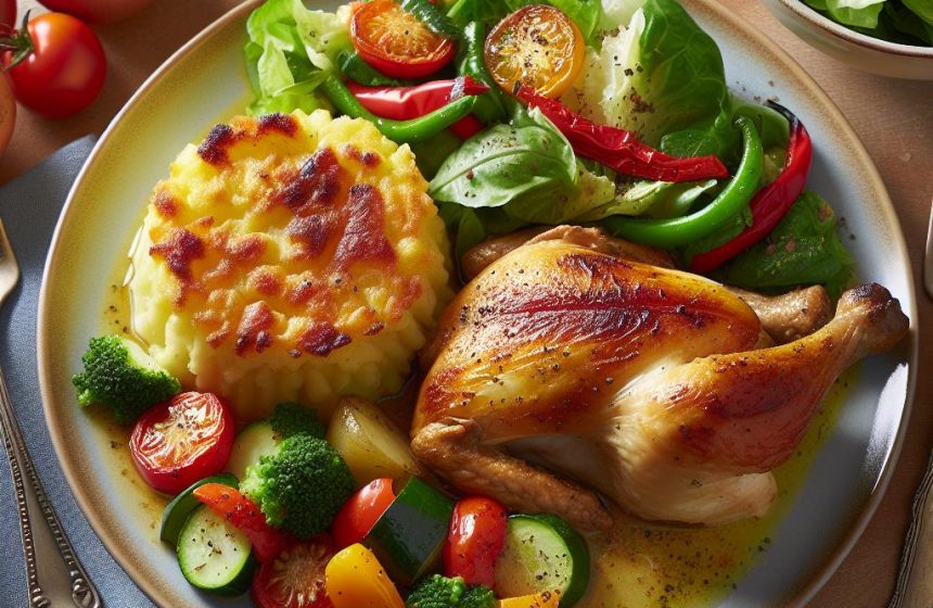 Poulet Basquaise avec Gratin de Pommes de Terre et Salade Verte