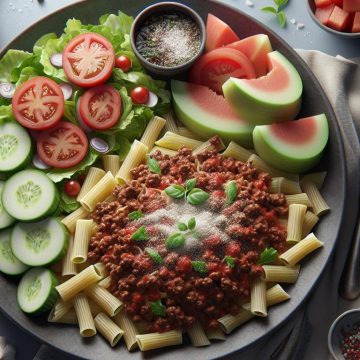 Pâtes à la Bolognaise Maison avec Salade Fraîche et Melon