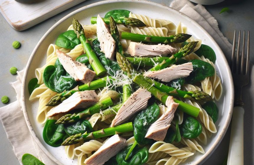 Pâtes aux Asperges, Épinards et Dinde à la Crème