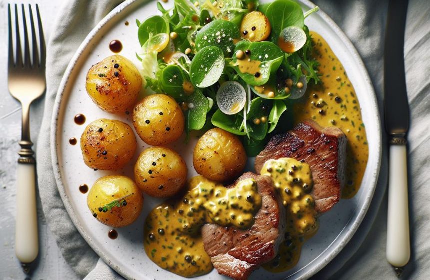 Veau à la Moutarde avec Pommes Grenailles et Salade Verte