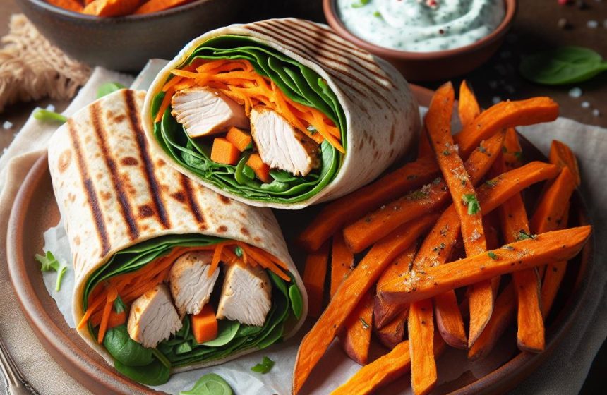 Wrap au Poulet Grillé et Frites de Patates Douces