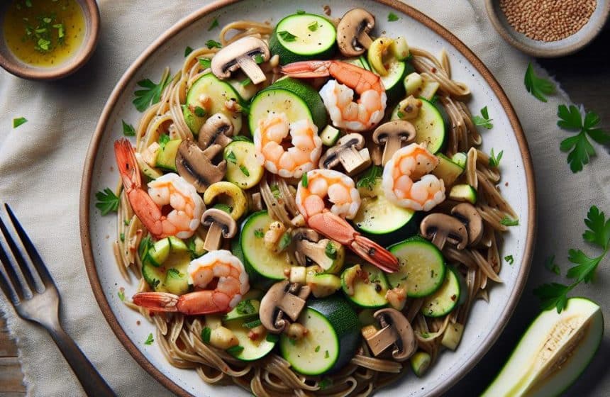 Pâtes aux Crevettes, Courgettes et Champignons
