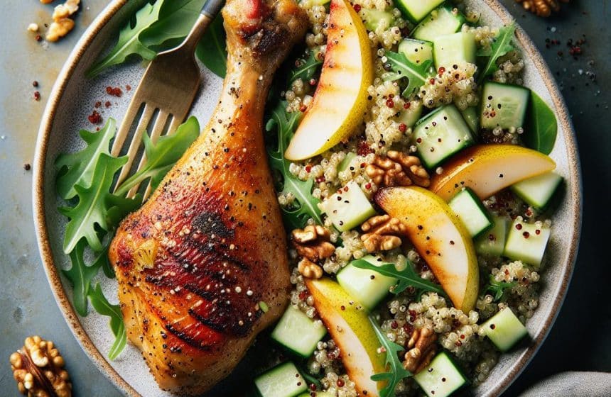 Pilons de Poulet Grillés avec Salade de Quinoa et Poire